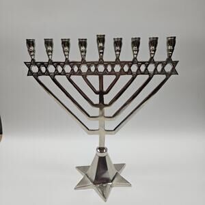 Vintage Chanukah Menorah Mid Century Silver Tone Chrome Hanukkah Judaica